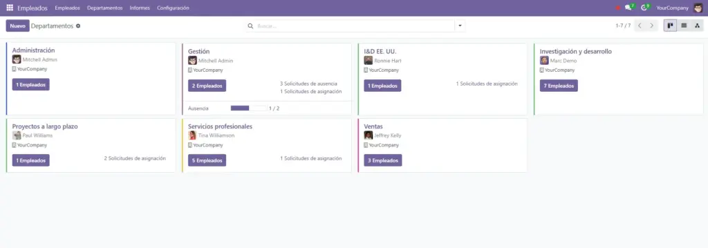Vista del módulo de departamentos en Odoo con tarjetas que muestran equipos, responsables y número de empleados por área.