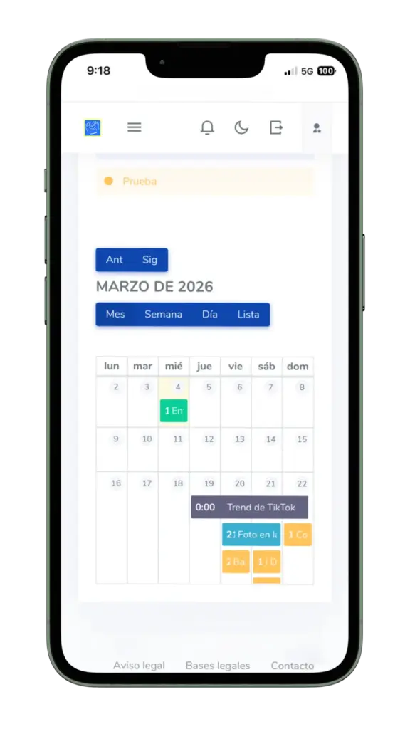 Aplicación Civenda, apartado del calendario