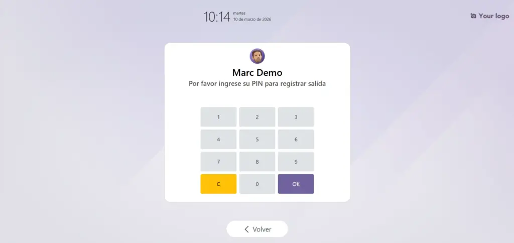Interfaz del modo kiosko en Odoo mostrando el teclado numérico para fichar mediante PIN.